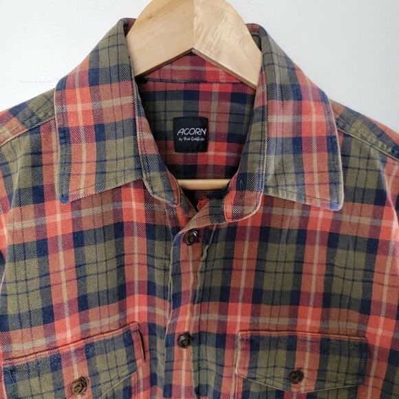 ACORN by Bob Goldfeder Plaid Flannel Button Down Shirt Men size M Orange Vintage - Picture 4 of 10